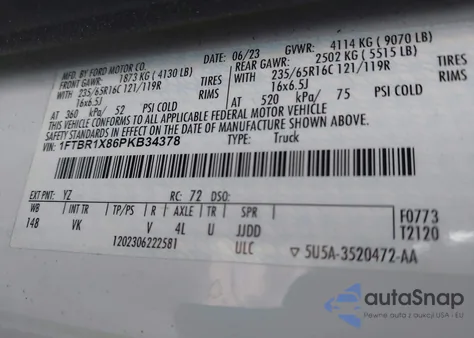 2023 Ford Transit-250 z USA, uszkodzony, nr VIN 1FTBR1X86PKB34378